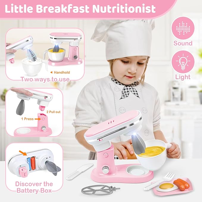 Shemira Play Kitchen Accessories, Play Kitchen Appliances Toy Set with Coffee Maker, Blender, Mixer, Toaster, Kids Kitchen Playset, Toys for 3 4 5 6 7 8 Year Old Girls, Birthday Gifts for Girls, Pink