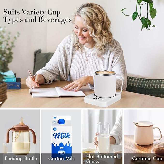 Waipfaru Coffee Mug Warmer & Mug Set for Desk, Heated Coffee Cup Warmer with Auto Shut Off, Electric Self Heating Mug & 3 Temperature Control Smart Mug for Office, Home and Travel, White