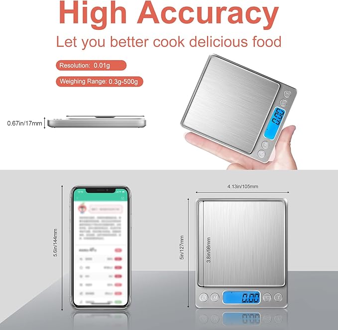Food Scale Small Gram Scale Digital Gram and Ounce Scale, USB Rechargeable 0.01g/0.001oz Accurate, MEIYA Kitchen Scale for Soap Making, Jewelry, Baking, Tare Function, Including Battery and 2 Trays