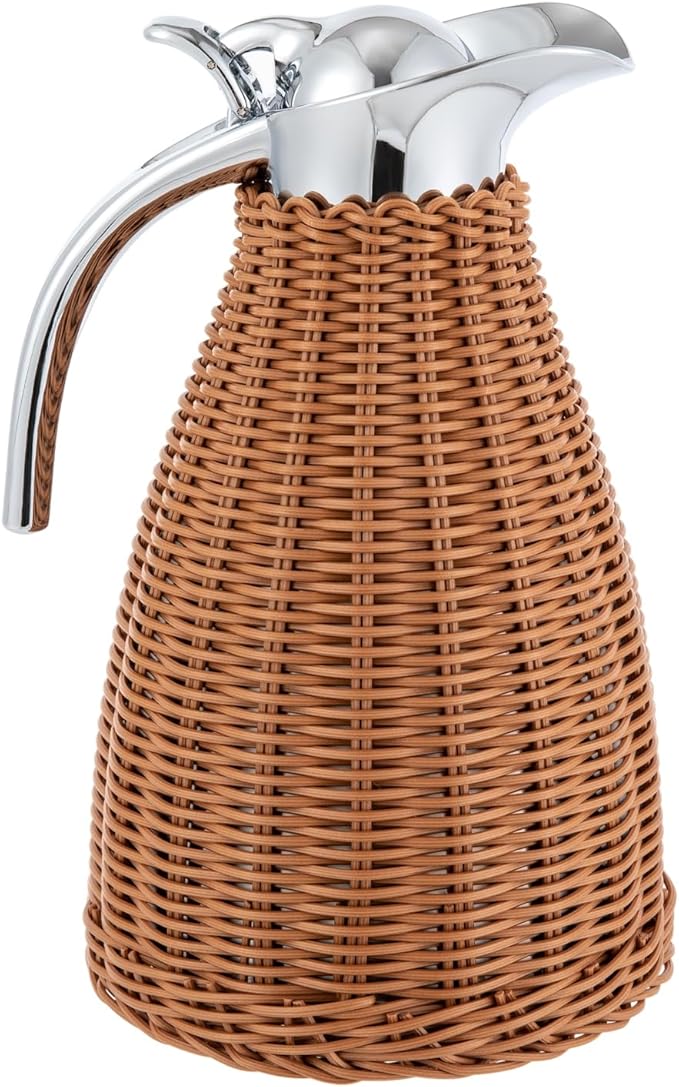 Stainless Steel Coffee Thermal Jug 1.5L/0.4 Gal Rattan Thermal Jug Double Walled Vacuum Insualted Jug with Handmade Rattan Body for Hot Liquids Keeping Hot with Silicone Lid for Home Coffee Shop