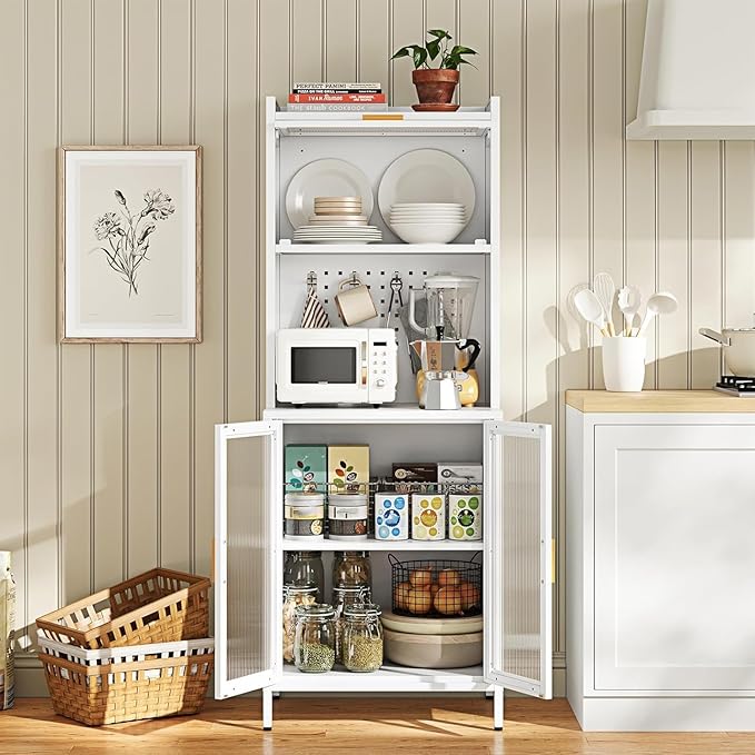Letaya Metal Kitchen Pantry Cabinet,72.6" Tall Kitchen Bakers Rack with Storage, Coffee Hutch with countertop,Metal Microwave Stand with Glass Doors for Dining Room, Laundry, Hallway,White