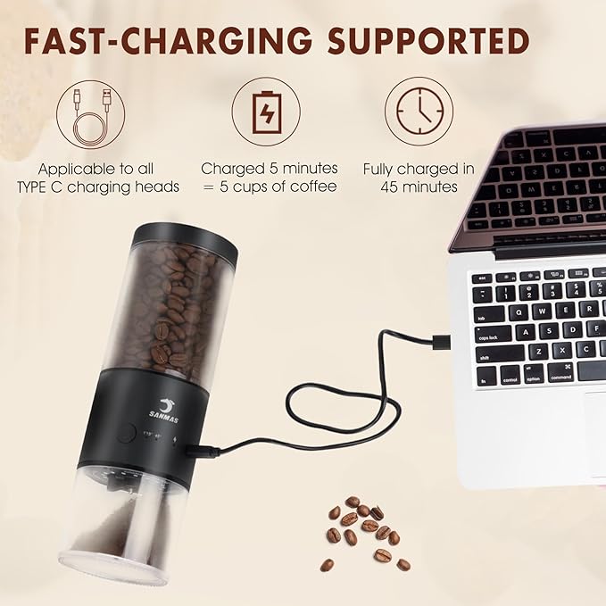 SANMAS Electric Burr Coffee Grinder with Stainless Steel Grinding Core, Rechargeable Coffee Beans Mil Grinder with 80 Grind Settings from Fine to Coarse for Espresso, Portable for Camping Travel