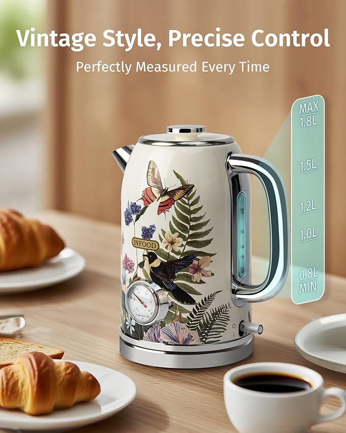 INFOOD Retro Electric Kettle 1.8L/60.8oz with Thermometer - 1200W Fast Boiling Stainless Steel Tea Kettle with Water Level, BPA-Free, Auto Shut-Off, Boil-Dry Protection, Vintage Floral Design