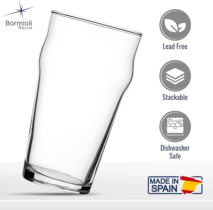 Bormioli Rocco Nonix Set Of 4 20 Oz Pint Glasses | British Pub Style Beer Glasses | Easy Stacking in The Cupboard | Premium Craft Beer Glasses Made In Spain