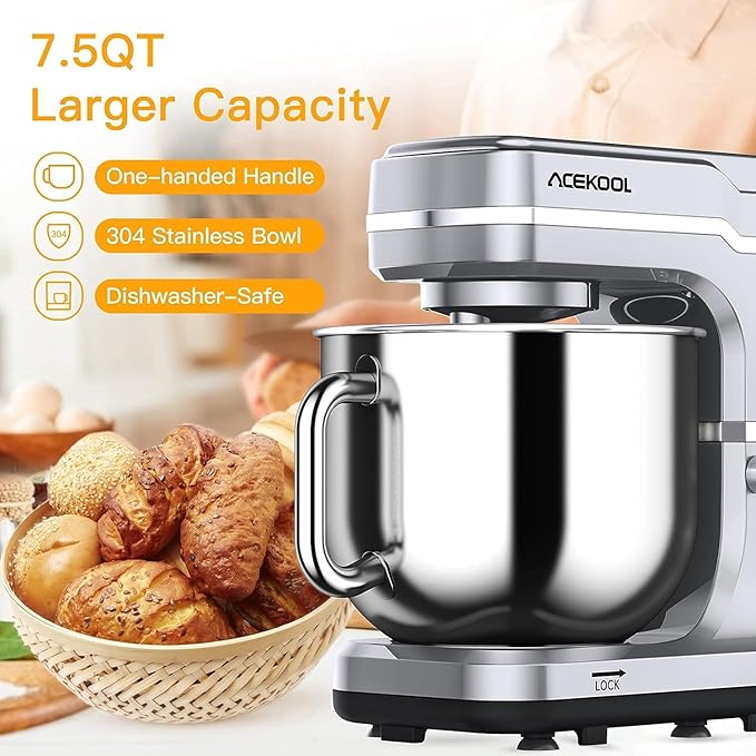 Garvee 7.5 QT Stand Food Mixer, 10-Speed Tilt Head 3 in-1 Kitchen Electric Mixer with Stainless Steel Bowl, Egg Whisk, Dough Hook, Beater, Splash Guard, Compact Dough Mixer for Home Cooks, Silver