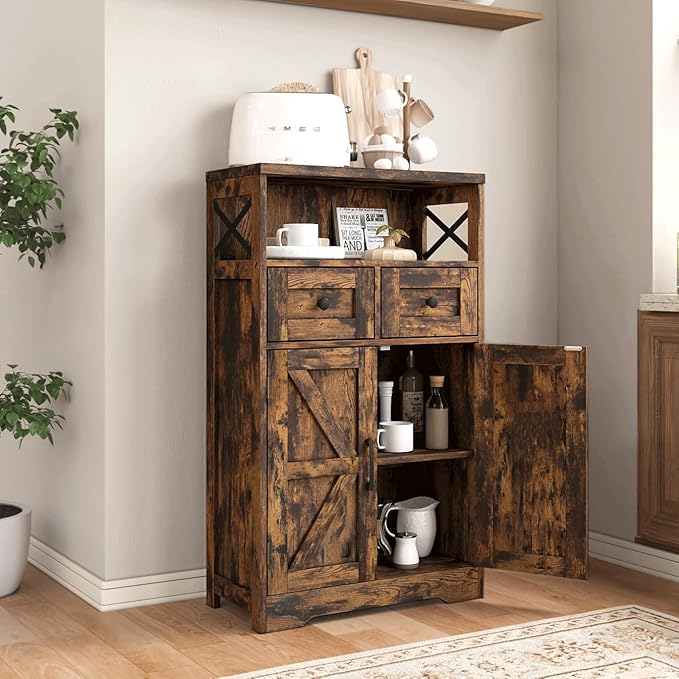 Farmhouse Storage Cabinet with Drawers and Shelves, Kitchen Pantry Storage Cabinet, Floor Hutch Cupboard for Dining Living Room Home Office, Rustic Brown