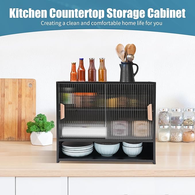 Small Bamboo Kitchen Pantry Sideboard, Freestanding Countertop Storage Cabinet with 2 Acrylic Doors Black Storage Shelf, Sliding Pantry Cabinet for Home Bar, Coffee Bar