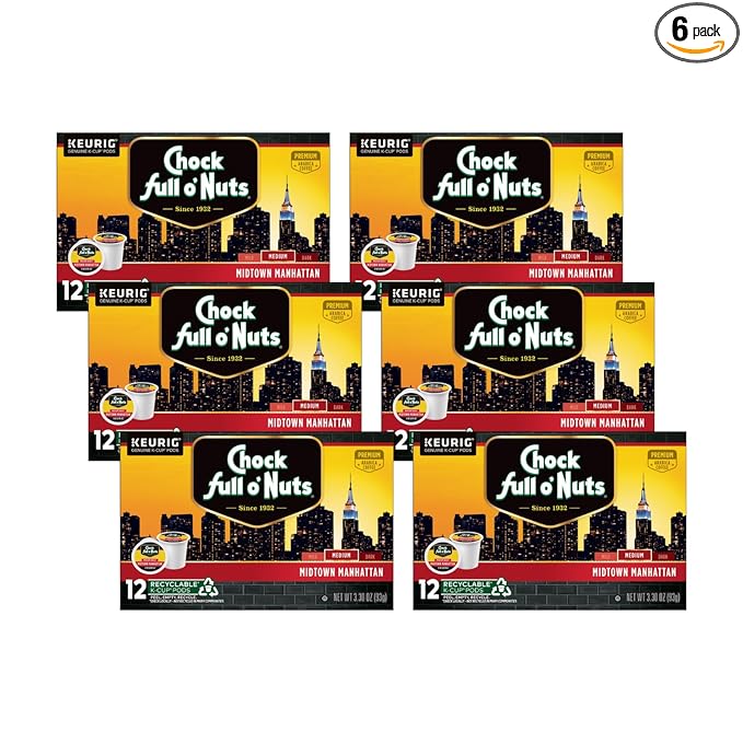 Chock Full o' Nuts Midtown Manhattan Keurig K-Cup Pods for Keurig Brewers – Premium Arabica, Medium Roast – Single Serve – 6 Packs of 12 K-Cup Pods