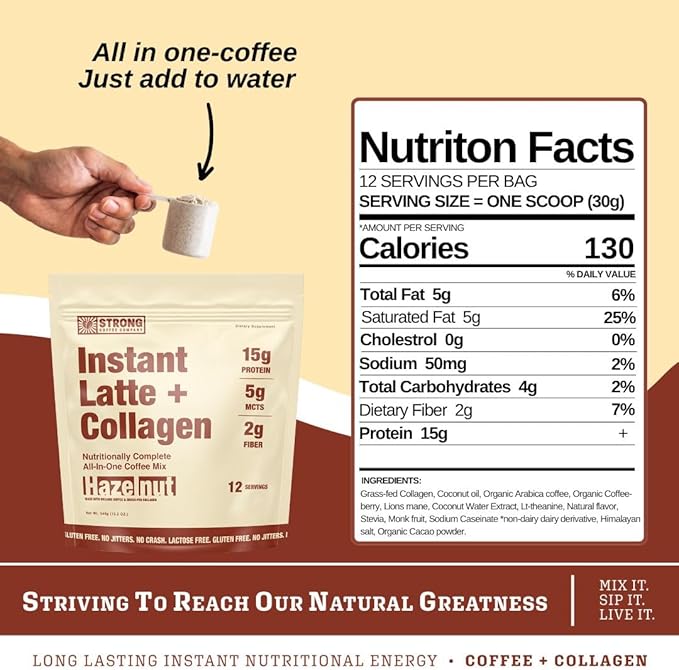 Strong Coffee Co. Hazelnut Instant Latte | Organic Coffee with 15g Collagen Protein | Lion’s Mane & L-Theanine | Nootropic Instant Coffee | 12 Servings