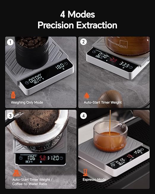 Digital Coffee Scale with Timer - MUVNA Mini Espresso Scale with Flow Rate Display & Brew Ratios, 4 Smart Modes, Rechargeable 2kg/0.1g Precision Scale for Pour Over, Coffee Bean Weight, Matcha, White