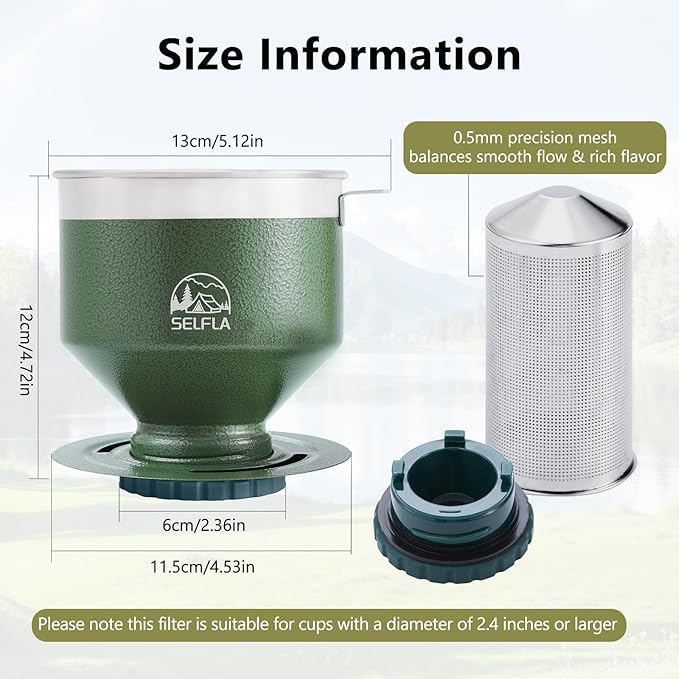 Portable Coffee Filter, Stainless Steel Reusable Dripper for Insulated Mugs, Paperless Coffee Maker for Hiking Camping & Outdoor Adventures, Lightweight Easy Clean & Gift Ready