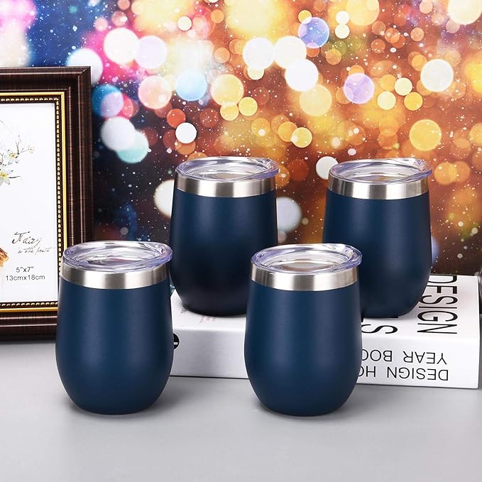 8 Pack 12Oz Stainless Steel Wine Tumblers, Insulated Wine Tumbler, Double Wall Insulated Wine Glass, Stainless Steel Stemless Wine Cups with Lids for Coffee, Wine, Cocktails, Champaign, Navy Blue…