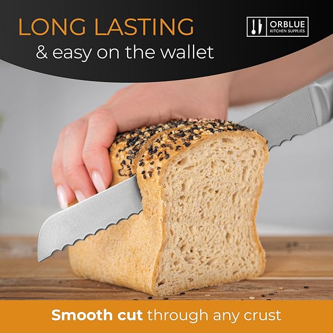 Orblue Serrated Bread Knife Ultra-Sharp Stainless Steel Professional Grade Bread Cutter - Cuts Thick Loaves Effortlessly - (8-Inch Blade with 5-Inch Handle), Black