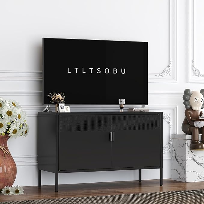 Black Metal Storage Cabinet with 2 Doors - 25''H TV Stand, 2 Tier Locker with Adjustable Shelves, Multipurpose TV Cabinet for Office, Home, Living Room, Kitchen