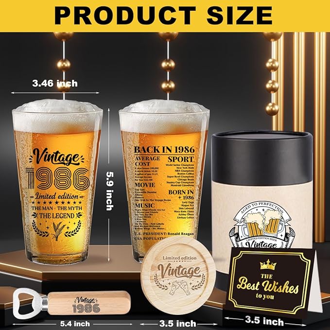 40th Birthday Gifts Men 40 Year Old Gifts For Men Vintage 1986 Beer Drinking Glass Unique 40th Birthday Gifts Happy Anniversary 40th Birthday Party Supplies Decorations