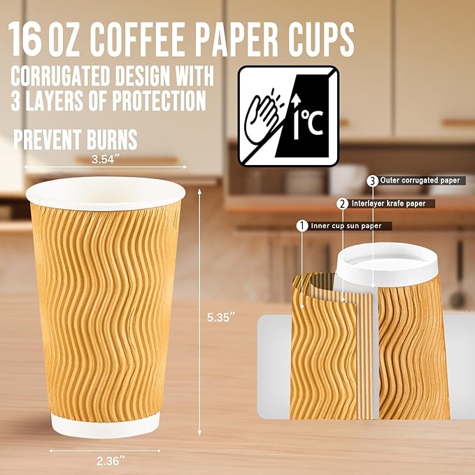90 Pack 16 oz Disposable Coffee Cups, Insulated Ripple Wall Paper Coffee Cups 16oz, To Go Cup for Espresso, Hot Beverage Drinks (No Lids)