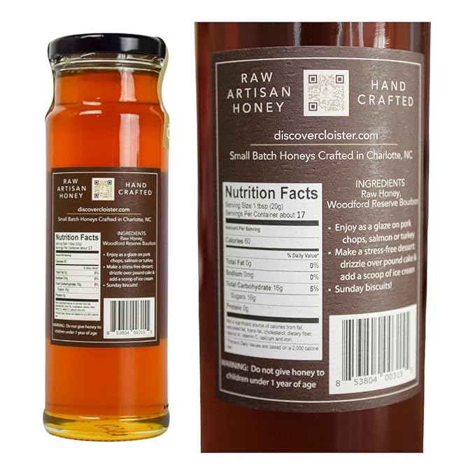 Cloister Honey Infused Honey - Bourbon (12 oz) | Hand Crafted | Raw Artisan Honey | 100% Pure, Raw & Unfiltered | All Natural | Made in USA |