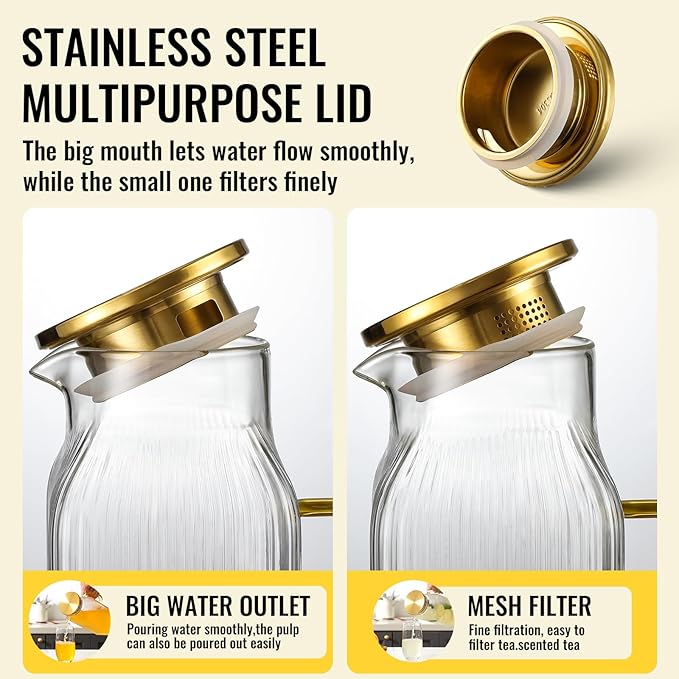 4 Pack 2 Liter/68 oz Square Glass Pitcher with Lid, Classic Stripes Water Pitchers with Handle for Fridge, Large Jug for Iced Tea, Coffee, Borosilicate Glass Carafe for Hot/Cold Brew Drink, Gold