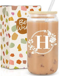Birthday Gifts for Women, Monogrammed Initial Glass Cup Personalized Gifts for Women, 16oz Glass Cups with Lids and Straws, Iced Coffee Cup, Beer Can Shaped Glass - Gifts for Christmas, Birthday, H