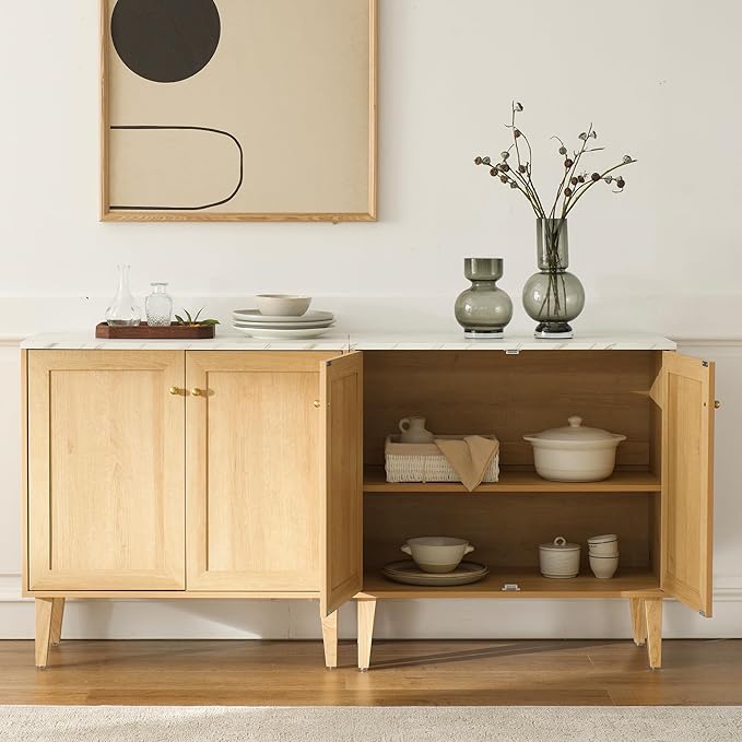 Modern Storage Cabinet Freestanding Accent Cabinet Sideboard Buffet with Faux Marble Top & Adjustable Shelves Wooden Organizer for Dining Room, Living Room Entryway Natural Oak