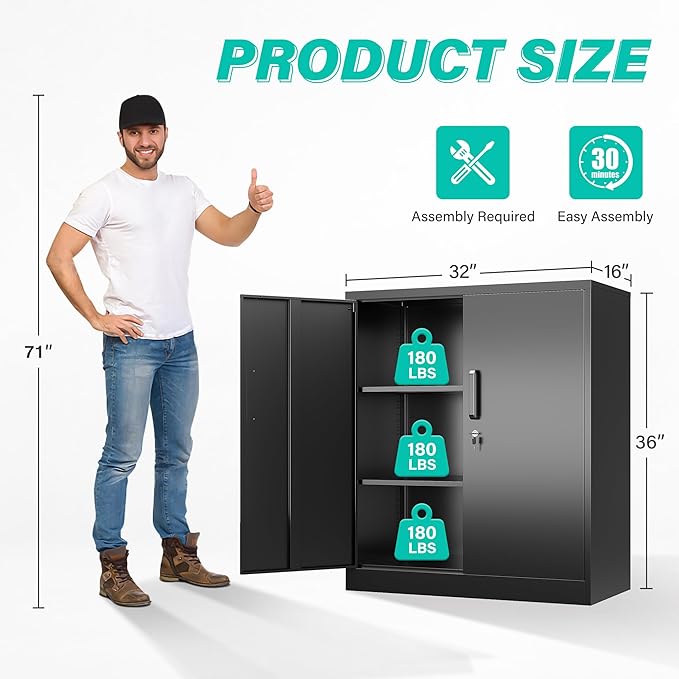 SISESOL Metal Storage Cabinet Locked Steel Cabinet with 2 Adjustable Shelves,Office Cabinet Locking Tool Cabinets,Kitchen Storage Cabinets Metal Locker Small Counter Height Storage Cupboard 36" H