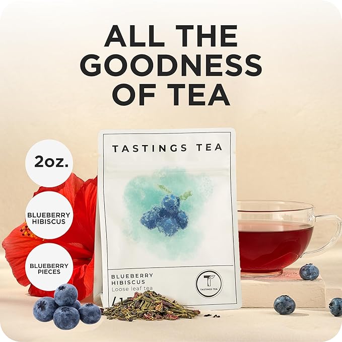 Tastings Tea Blueberry Hibiscus Loose Leaf Pouch 2.75 oz | Chinese Green Tea & Licorice Root with Elderberry, Spearmint & Natural Flavors | Light Caffeine | Tart & Fruity | Sustainably Sourced
