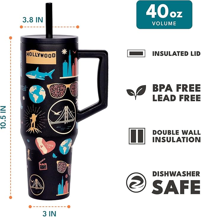 Elemental 40 oz Tumbler with Handle and Straw - Spill Proof Insulated Stainless Steel Commuter for Hot and Cold Beverages - Travel Coffee Mug with 2 Straws & Spill Proof Lid - 40oz-California Dreaming