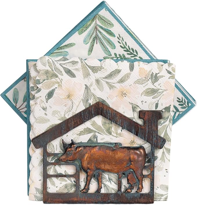 Farmhouse Napkin Holder for Table, Rustic Metal Cow Decorative Napkin Holder for Paper Napkins, Antique Paper Towel Napkin Dispenser, Vertical Napkin Table Decor for Home Kitchen Coffee Shop Bar