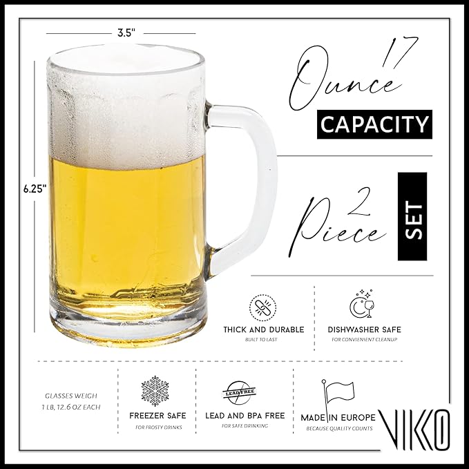 Vikko Beer Mug, Set of 2 Glass Beer Mugs, 17 Ounce, Dishwasher Safe Durable Drinking Glass for Craft Brews, Beer or Water