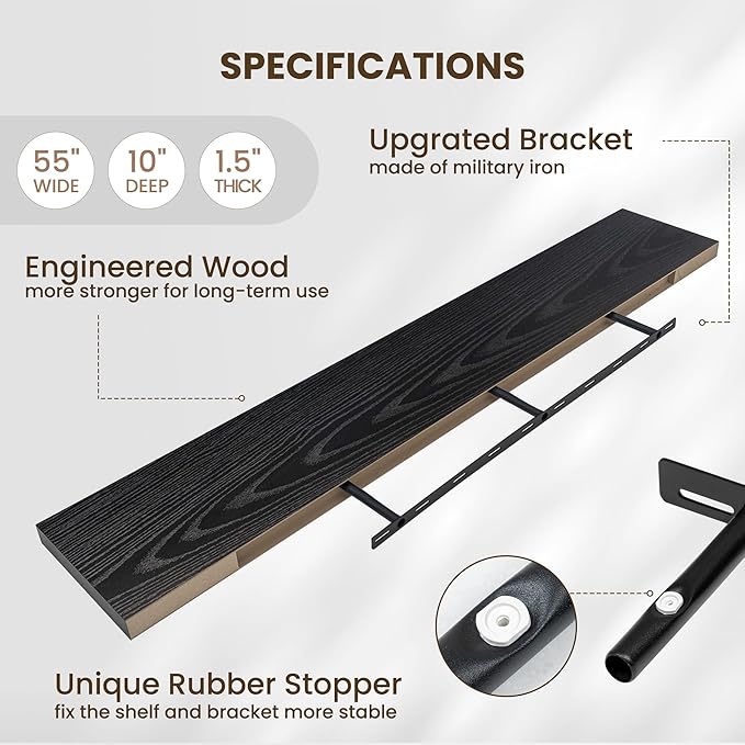 Fun Memories 55 Inch Fireplace Mentel Shelf, 10 Inch Deep Shelves for Display & Wall Storage, Rustic Wood Wall Shelf, Extra Long Floating Shelves for Living Room Laundry Room, Black, Set of 1