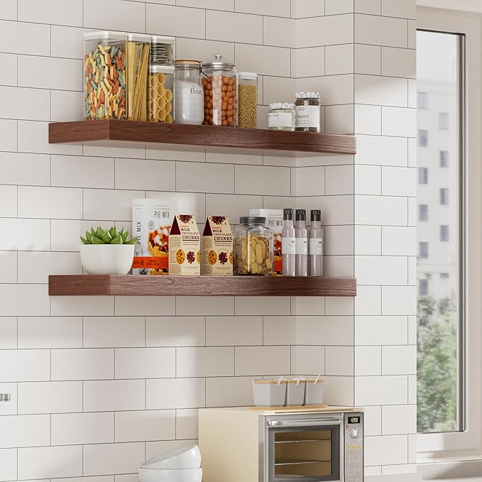 Walnut Floating Shelves, 2 Inch Thick Wooden Floating Shelves for Wall Mounted, 8 Inch Deep Shelves Over Toilet, 32"x8" Wall Shelves for Kitchen Living Room Bathroom, 50LBS Capacity, Set of 2