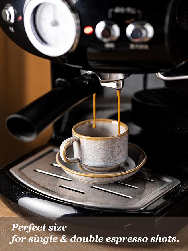 Gomakren 2.5 Ounce Espresso Cups Set of 4, Small Stackable Coffee Cups with Saucers and Metal Stand, Christmas Porcelain Demitasse Cups for Specialty Coffee Drinks, Espresso, Cappuccino, Latte, Gray