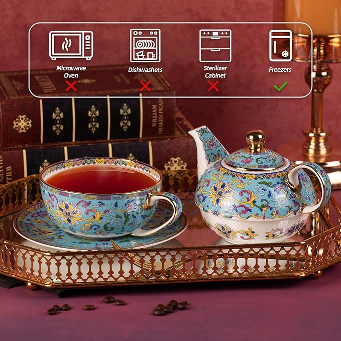 Tea for One, Porcelain Teapot and Cup Set, Vintage Tea Pot and Saucers Set, Ceramic Tea Set for Tea Party, Office and Home, Lake Blue Tea Cups and Saucer Set for Coffee, Cappuccino, Tea