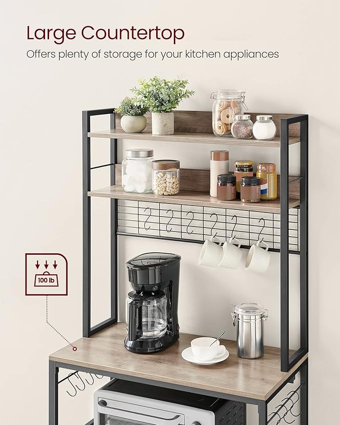 VASAGLE Bakers Rack with Power Outlet, Microwave Stand, Kitchen Tall Utility Storage Shelf, with Metal Wire Panel, 14 Hooks, 15.7 x 31.5 x 66.9 Inches, Heather Greige and Ink Black UKKS025B02
