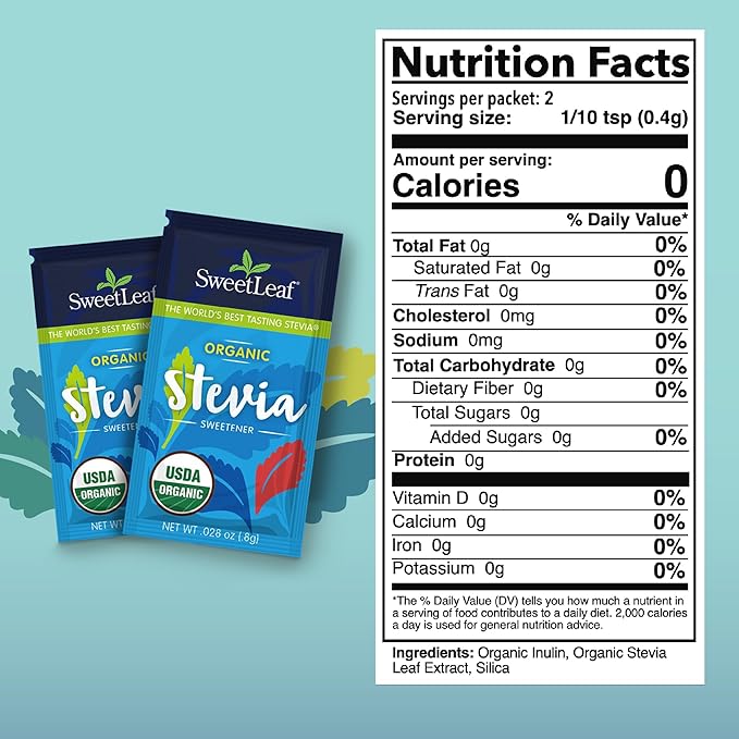 SweetLeaf Organic Stevia Packets - Zero Calorie Stevia Powder, No Bitter Aftertaste, Sugar Substitute for Keto Coffee, Nothing Artificial, Non-GMO Stevia Sweetener Packets, 70 Count