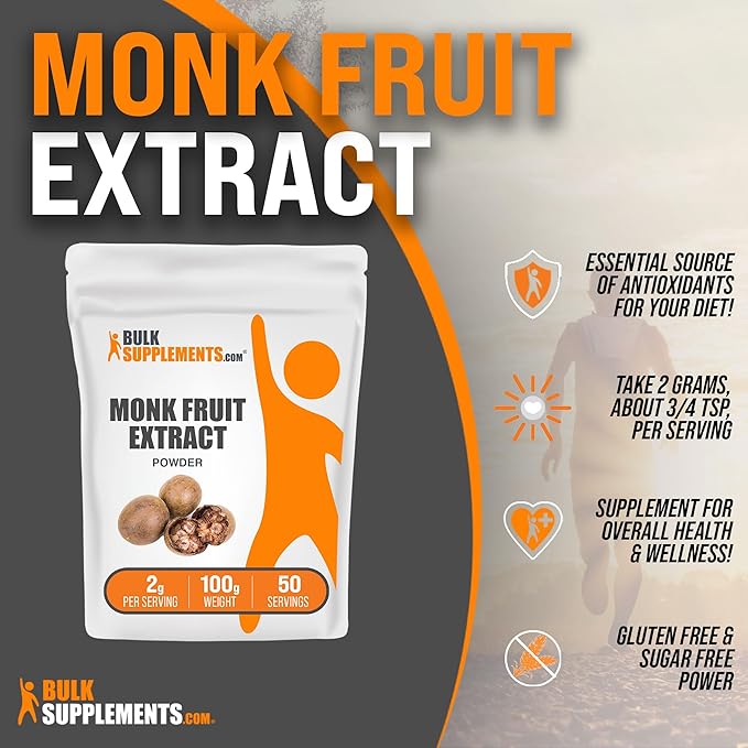 BulkSupplements.com Monk Fruit Extract Powder - Luo Han Guo Extract, Monk Fruit without Erythritol - 50 Servings, Gluten Free, 2g per Serving, 100g (3.5 oz) (Pack of 1)