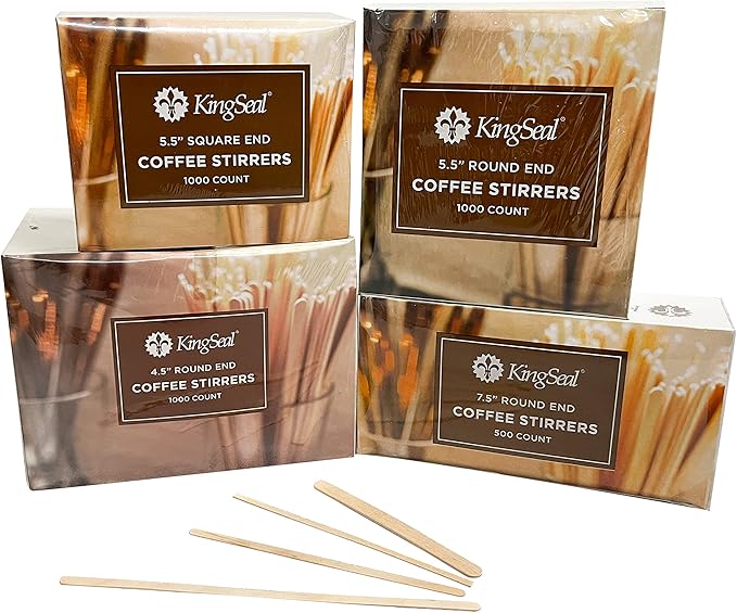 200 Count | KingSeal Natural Birch Wood Coffee Beverage Stirrers, Stir Sticks, Waxing Sticks, 5.5 Inches, Round End, Eco Friendly - 2 Boxes x 1000