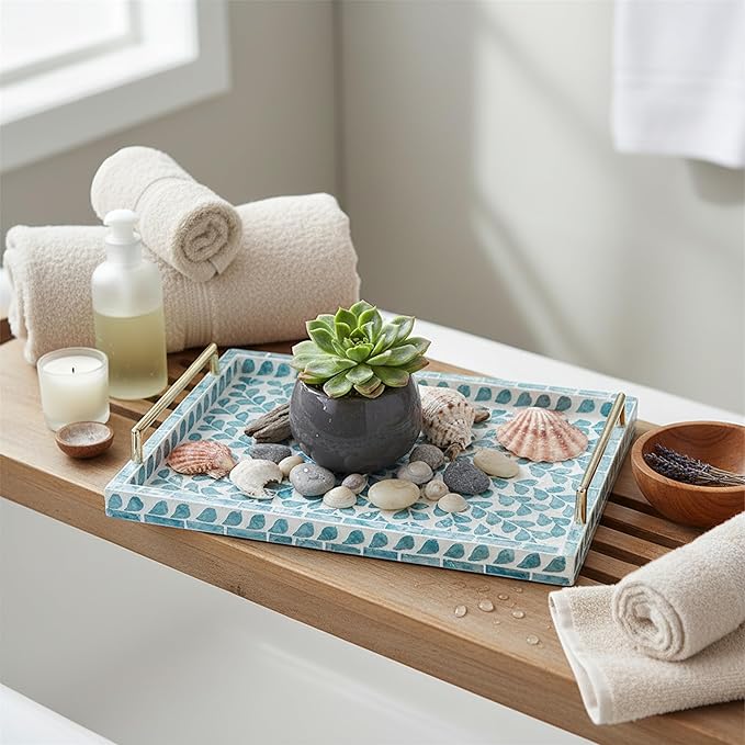 PEMAR Capiz Shell Decorative Tray with Gold Handles – 15.7"x11.8" Rectangular Display & Serving Tray for Vanity, Dresser, Bathroom (Teal Floral)