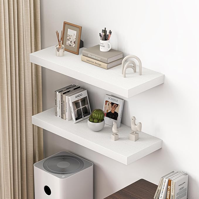 Dreamland 36" Floating Shelves for Wall, 12" Deep Thicker White Floating Shelves, Wall-Mounted Shelves for Bedroom, Living Room, Kitchen, Bathroom - Set of 2
