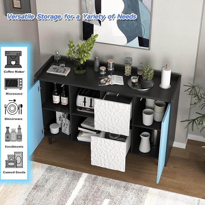 47" Modern Sideboard Buffet Cabinet, Black Accent Storage Cabinet with Blue Door & 2 Push-to-Open Drawers, Console Table for Dining Room, Living Room, Entryway, Office