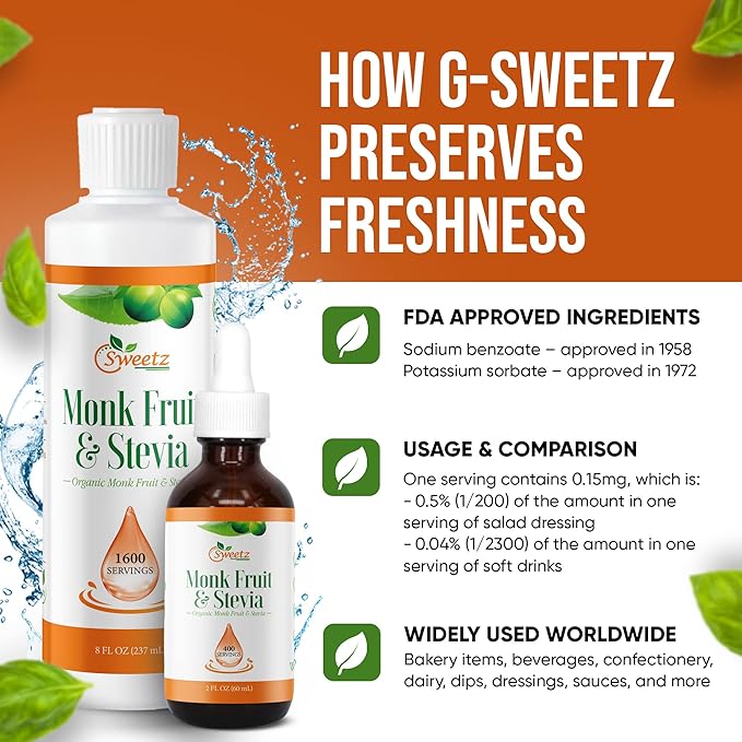 Monk Fruit & Stevia Liquid Sweetener Drops - Natural Sweeteners & Sugar Alternatives - Delicious Blend with No Bitter Aftertaste - Concentrated Sweetener Liquid Drops Extract – 16 FL OZ (3200 Servings)