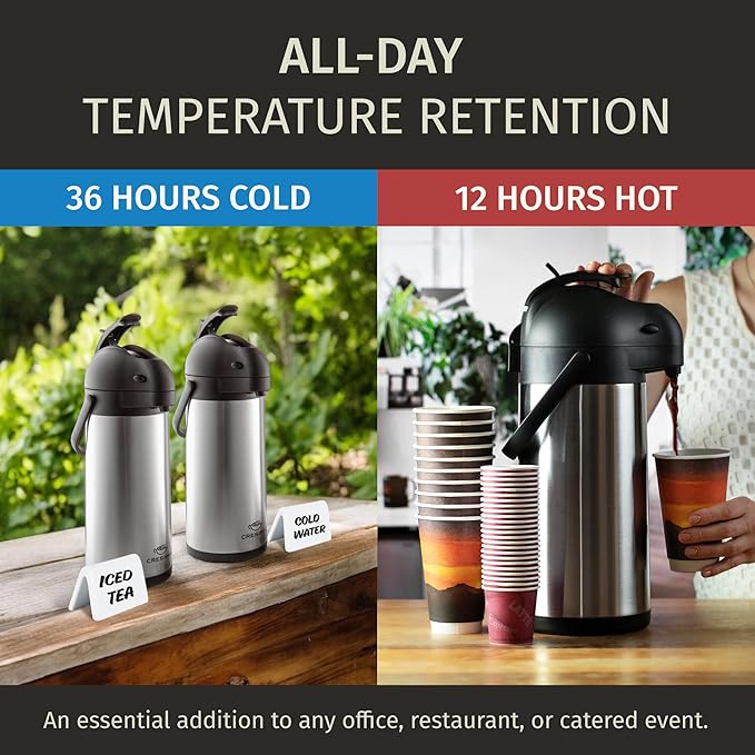 Coffee Carafe Airpot & Cleaning Brush - 101oz / 3L Airpot 12 Hours Hot Water Dispenser or 36 Hours Cold Drink Dispenser with Pump - Easy Dispensing Coffee Carafes for Keeping Hot Extra Large - Cresimo