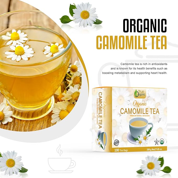 True Organic Premium Chamomile Tea |100 Count Tea Bags | USDA Organic & Kosher Certified |100 Envelop Organic Chamomile Tea Bags for Your Home & Cafe.
