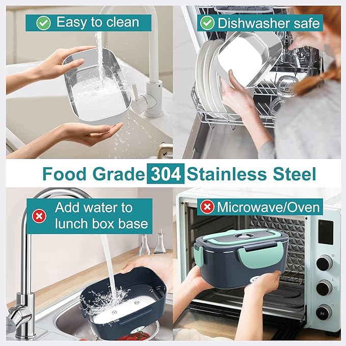 Electric Heated Lunch Boxes Adults: 80W Electric Lunch Box Food Heated 12/24/110V 1.5L Heatable Lunch Box for Car/Truck/Office Leak-Proof Stainless Steel Container, Fork & Spoon, Bag (Grey+Green)