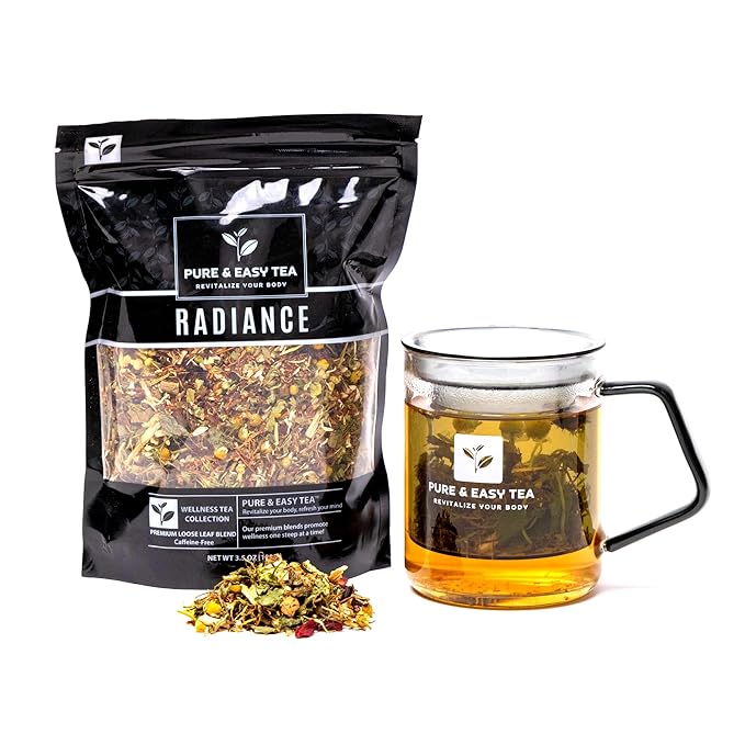 Pure And Easy Tea, Radiance, Herbal Tea for Healthy-Looking Skin, Caffeine-Free Whole-Leaf Botanical Blend (100g)