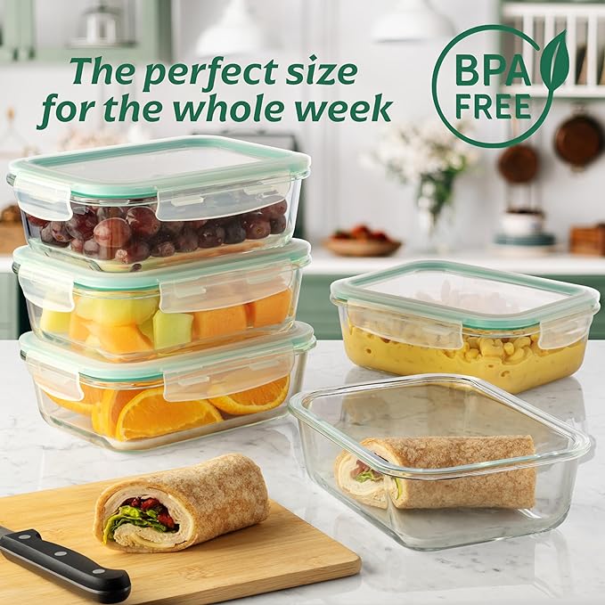 Fusion Gourmet 8 Pack 35 oz Glass Storage Containers with Lids - Airtight, Leakproof, Oven, Microwave & Freezer Safe, Stain & Odor Resistant, Reusable Meal Prep Containers (16-Piece)