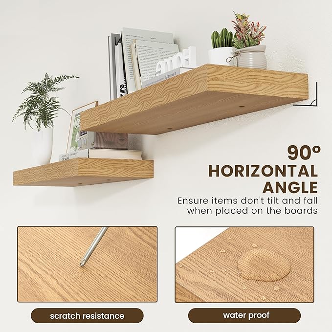 Deep Floating Shelves | 36 Inch Oak Floating Shelves Set of 2 | 12 Inch Deep Rustic Wood Shelves for Wall | 36" W x 12" D Oak Shelves for Living Room Bathroom Laundry Room Kitchen