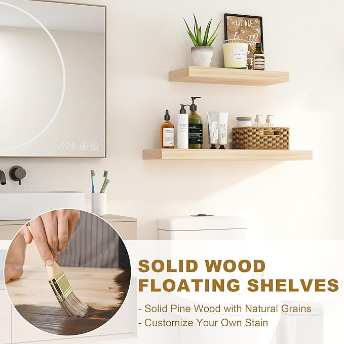 Fun Memories Floating Shelves, 9.3'' Deep Solid Pine Wood Wall Shelves for Storage, Wall Mounted Display Shelf with Invisible Heavy-Duty Metal Bracket, 36'' Width Set of 2, Unfinished - DIY Stain