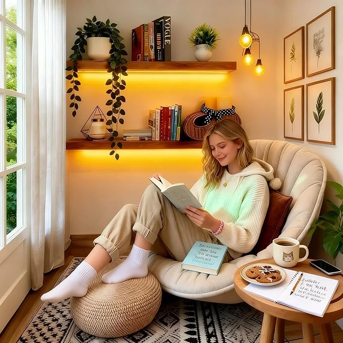 IAE Led Floating Wall Shelves 24 inch,Bathroom Shelf Wall Mounted,Invisible Shelf Floating Kitchen Shelves,Wooden Wall Shelving with Brackets for Living Room Wall Mounted,Easy Install,Set of 2,Teak