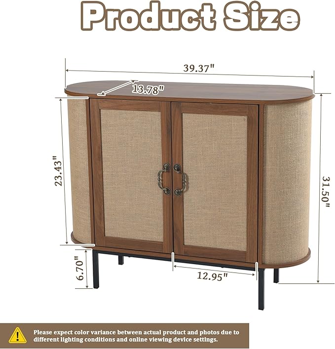 40" Sideboard Buffet With Storage, Rattan Small Buffet, Oval Accent Cabinet for Living Room, Dining Room (Walnut, 40inch)